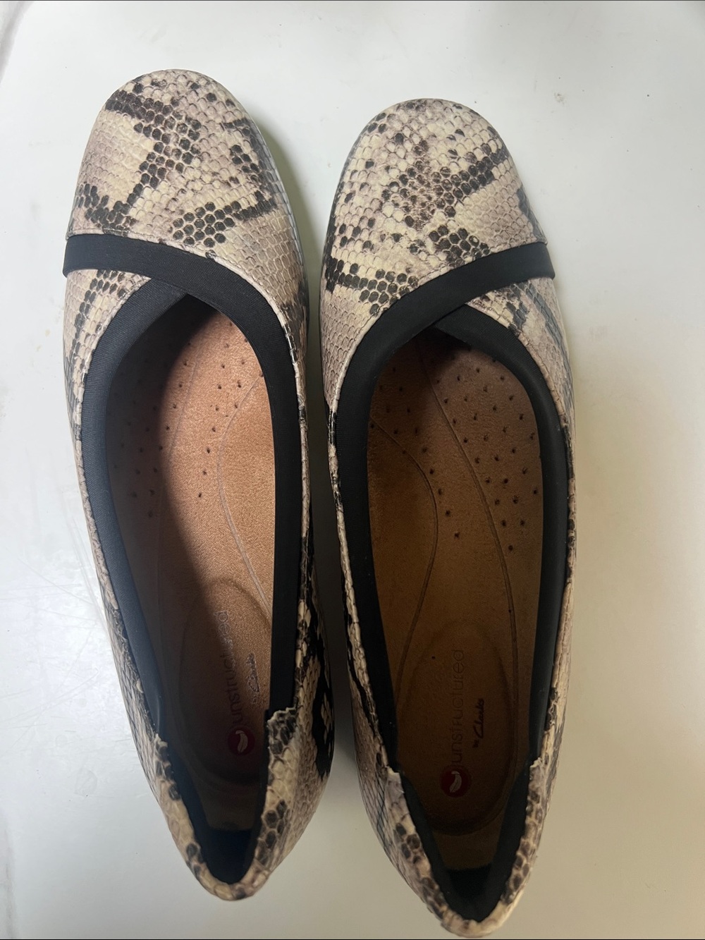 Clarks Women's Snake-Print Ballet Flats in Beige and Black